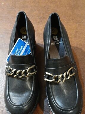 White Mountain Black Loafers with Gold Chain Accent
